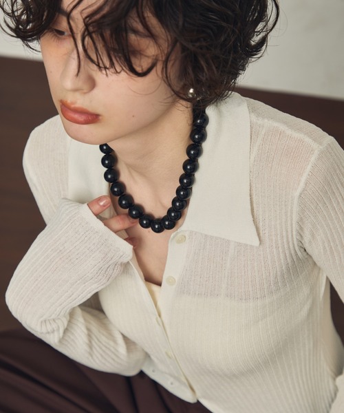 Trish（トリッシュ）の「ポロ衿シアーロングスリーブニット（ニット/セーター・レディース・ダークブラウン/ブラック/ホワイト/アイボリー・MEDIUM）」の9枚目の写真