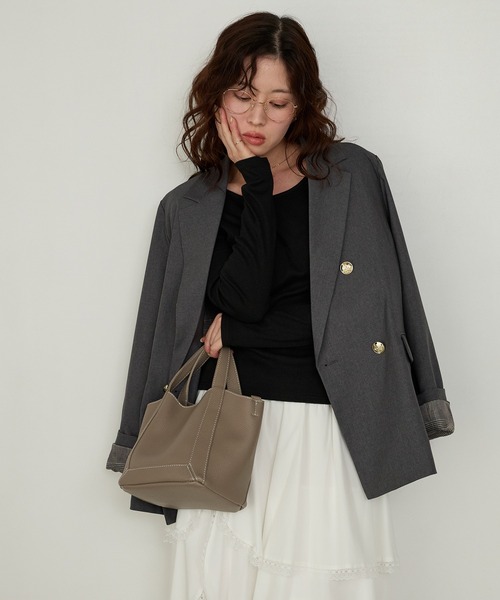 お値下げ致しました✨courreges♥️ダークグレー テーラードジャケット セール】【くるみ×Cherir Mignonコラボ】LADY CHECK / STRIPE JACKET