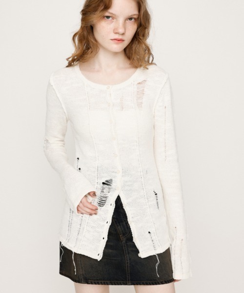 SLY（スライ）の「FRONT BUTTON CRASH C/D フロントボタン クラッシュ カーディガン 秋服（カーディガン/ボレロ・レディース・オフホワイト/ブラック/ベージュ・FREE）」の6枚目の写真