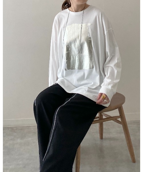 Stone  ホワイト ロンT Lサイズ セール】オーバーサイズ長袖メタリック箔プリントロングTシャツ