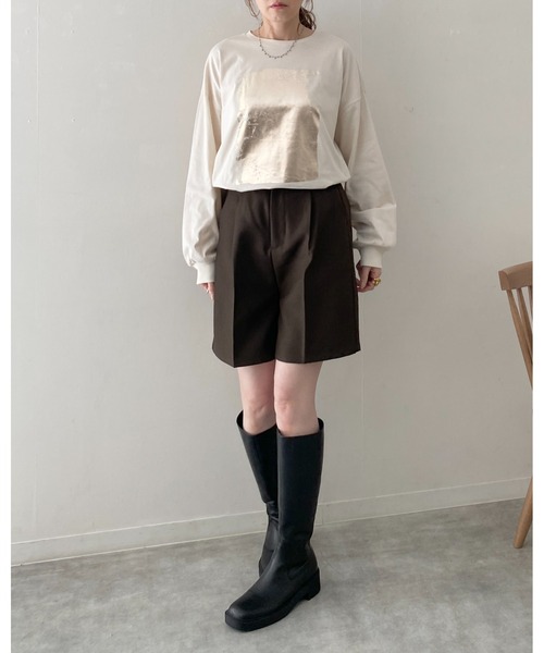 セール】オーバーサイズ長袖メタリック箔プリントロングTシャツ