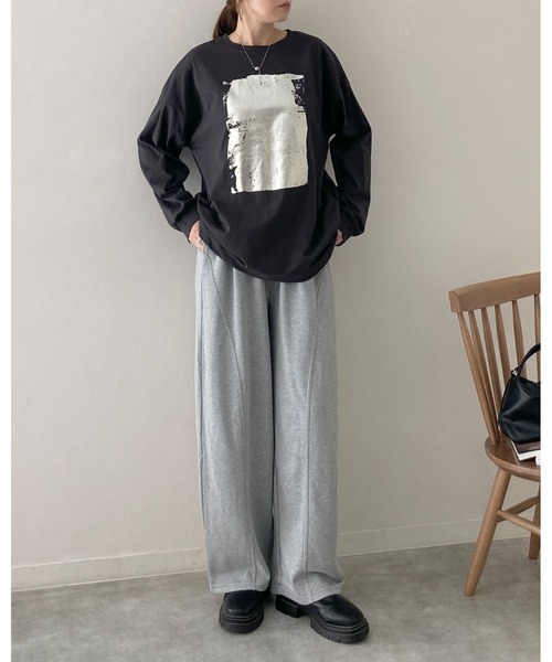 セール】オーバーサイズ長袖メタリック箔プリントロングTシャツ/ロンT