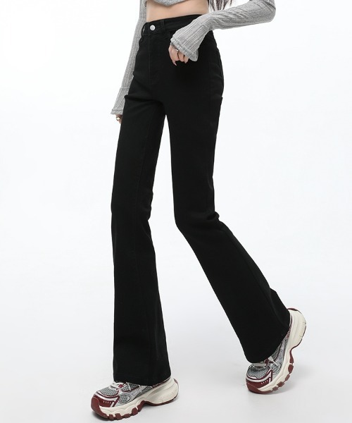 HANDO（ハンド）の「レディース 美脚 美シルエットフレアハイウエストデニムパンツ ブーツカット ストレッチ【オフィスカジュアル】【きれいめカジュアル】 韓国風（デニムパンツ・レディース・ブラック/ブルー・L/S/M/XL/XXL）」の17枚目の写真