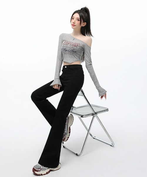 HANDO（ハンド）の「レディース 美脚 美シルエットフレアハイウエストデニムパンツ ブーツカット ストレッチ【オフィスカジュアル】【きれいめカジュアル】 韓国風（デニムパンツ・レディース・ブラック/ブルー・L/S/M/XL/XXL）」の21枚目の写真