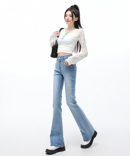 HANDO（ハンド）の「レディース 美脚 美シルエットフレアハイウエストデニムパンツ ブーツカット ストレッチ【オフィスカジュアル】【きれいめカジュアル】 韓国風（デニムパンツ・レディース・ブラック/ブルー・L/S/M/XL/XXL）」の10枚目の写真