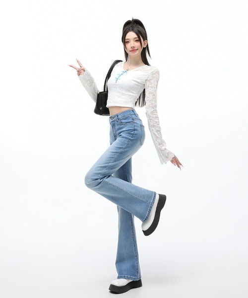 HANDO（ハンド）の「レディース 美脚 美シルエットフレアハイウエストデニムパンツ ブーツカット ストレッチ【オフィスカジュアル】【きれいめカジュアル】 韓国風（デニムパンツ・レディース・ブラック/ブルー・L/S/M/XL/XXL）」の11枚目の写真