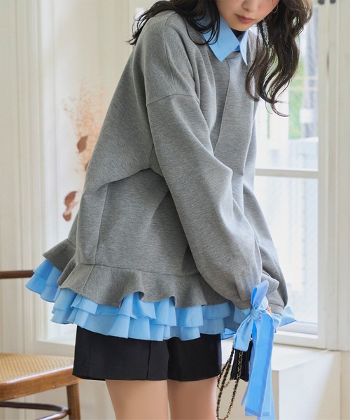 KOBE LETTUCE（コウベレタス）の「ダイバー素材レイヤード風袖リボントップス（スウェット・レディース・ベージュ/ブラウン/チャコール・M）」の2枚目の写真