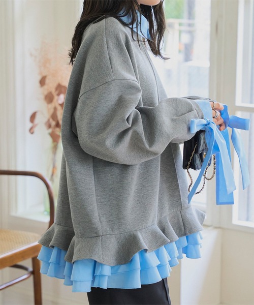 KOBE LETTUCE（コウベレタス）の「ダイバー素材レイヤード風袖リボントップス（スウェット・レディース・ベージュ/ブラウン/チャコール・M）」の4枚目の写真