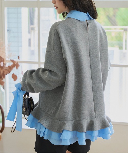 KOBE LETTUCE（コウベレタス）の「ダイバー素材レイヤード風袖リボントップス（スウェット・レディース・ベージュ/ブラウン/チャコール・M）」の5枚目の写真