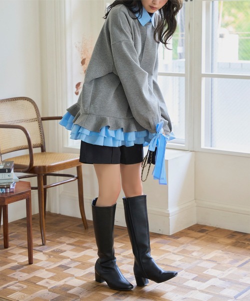 KOBE LETTUCE（コウベレタス）の「ダイバー素材レイヤード風袖リボントップス（スウェット・レディース・ベージュ/ブラウン/チャコール・M）」の6枚目の写真