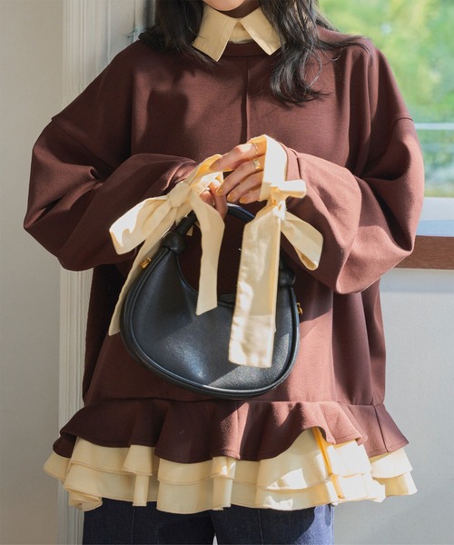 KOBE LETTUCE（コウベレタス）の「ダイバー素材レイヤード風袖リボントップス（スウェット・レディース・ベージュ/ブラウン/チャコール・M）」の7枚目の写真