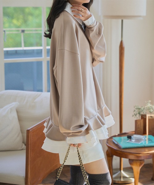 KOBE LETTUCE（コウベレタス）の「ダイバー素材レイヤード風袖リボントップス（スウェット・レディース・ベージュ/ブラウン/チャコール・M）」の9枚目の写真