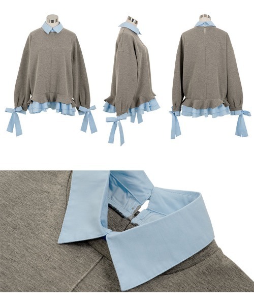 KOBE LETTUCE（コウベレタス）の「ダイバー素材レイヤード風袖リボントップス（スウェット・レディース・ベージュ/ブラウン/チャコール・M）」の11枚目の写真