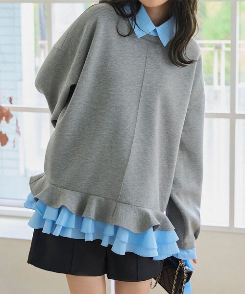 KOBE LETTUCE（コウベレタス）の「ダイバー素材レイヤード風袖リボントップス（スウェット・レディース・ベージュ/ブラウン/チャコール・M）」の17枚目の写真