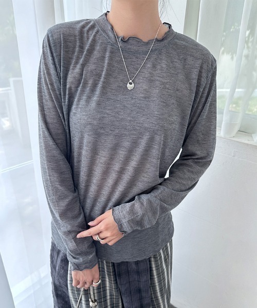 ReRe(リリ)の「スカラップネックシアーリブトップス(Tシャツ/カットソー・レディース・ピンク/グリーン/ライトブルー/ブラック/パープル/ホワイト/グレー・FREE)」の3枚目の写真