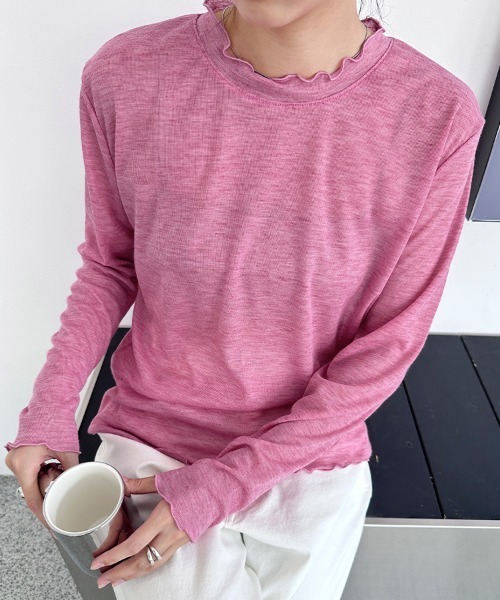 ReRe(リリ)の「スカラップネックシアーリブトップス(Tシャツ/カットソー・レディース・ピンク/グリーン/ライトブルー/ブラック/パープル/ホワイト/グレー・FREE)」の7枚目の写真