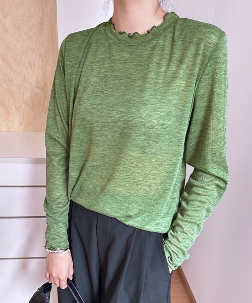 ReRe(リリ)の「スカラップネックシアーリブトップス(Tシャツ/カットソー・レディース・ピンク/グリーン/ライトブルー/ブラック/パープル/ホワイト/グレー・FREE)」の4枚目の写真