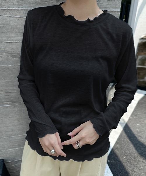 ReRe(リリ)の「スカラップネックシアーリブトップス(Tシャツ/カットソー・レディース・ピンク/グリーン/ライトブルー/ブラック/パープル/ホワイト/グレー・FREE)」の2枚目の写真