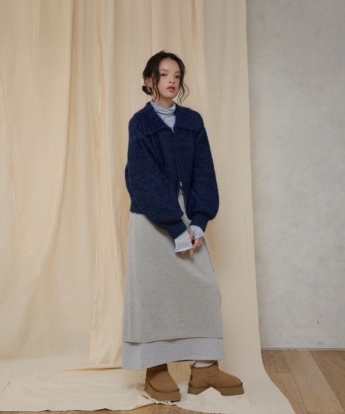 MUHET（ミュエータ）の「layered knit & sweat long skirt