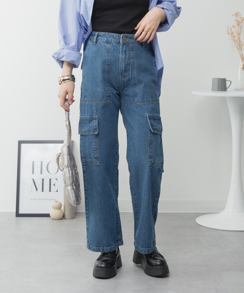 RCD(アールシーディー)の「ヴィンテージ風ポケット加工カーゴパンツ(カーゴパンツ・レディース・ワンウォッシュ/ブルー/ネイビー・M/LL/3L/4L/L)」の2枚目の写真