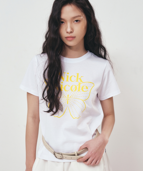 NICK&NICOLE(ニックアンドニコール)の「BUTTERFLY NICOLE LABEL SLIM TOP_WHITE YELLOW(Tシャツ/カットソー・レディース・その他・FREE)」の1枚目の写真