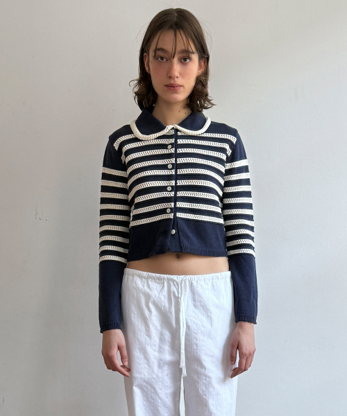 SINOON(シヌーン)の「Stripe Collar Cardigan (Navy)(カーディガン/ボレロ・レディース・ネイビー・FREE)」の1枚目の写真