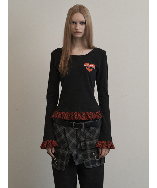 CHECK FRILL TOP / BLACK