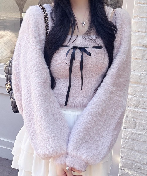 INGNI（イング）の「フェザーボレロニット＋ベアキャミセット（カーディガン/ボレロ・レディース・オフホワイト/チャコールグレー/ピンク・M）」の3枚目の写真