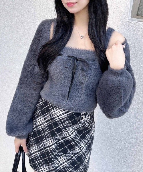 INGNI（イング）の「フェザーボレロニット＋ベアキャミセット（カーディガン/ボレロ・レディース・オフホワイト/チャコールグレー/ピンク・M）」の12枚目の写真