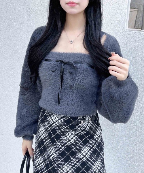 INGNI（イング）の「フェザーボレロニット＋ベアキャミセット（カーディガン/ボレロ・レディース・オフホワイト/チャコールグレー/ピンク・M）」の13枚目の写真