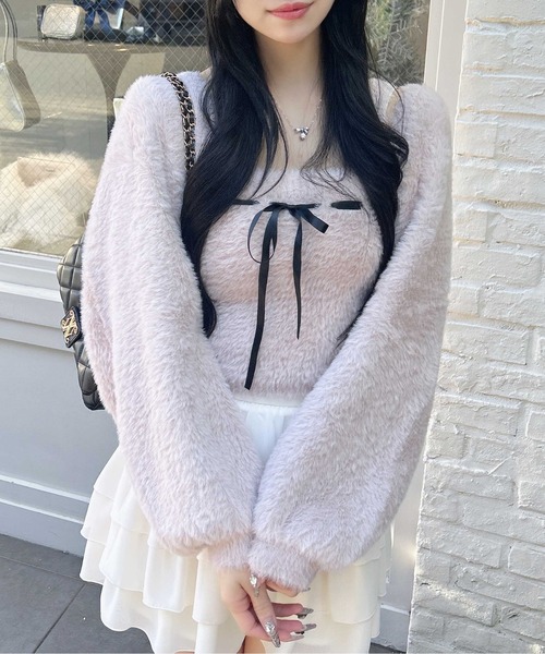 INGNI（イング）の「フェザーボレロニット＋ベアキャミセット（カーディガン/ボレロ・レディース・オフホワイト/チャコールグレー/ピンク・M）」の18枚目の写真