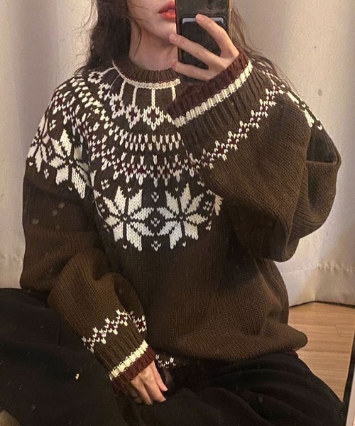 ASCLO（エジュクロ）の「【UNISEX】ASCLO／スノーノルディックニット（ニット/セーター・レディース・ブラウン/アイボリー・FREE）」の2枚目の写真