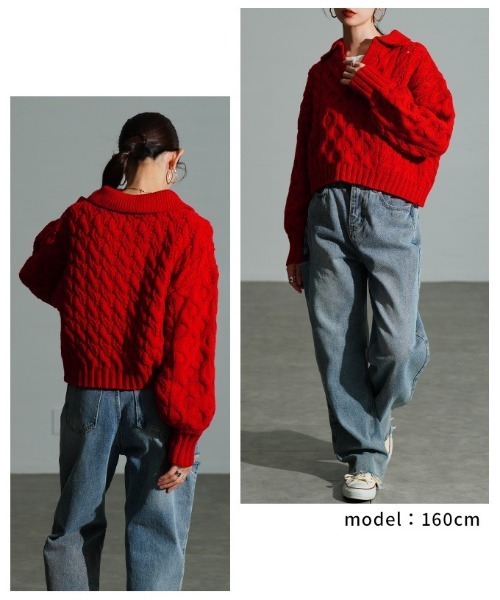 Sawa a la mode(サワアラモード)の「ケーブル編みスキッパーニットセーター(ニット/セーター・レディース・チャコールグレー/アイボリー/レッド・FREE)」の10枚目の写真