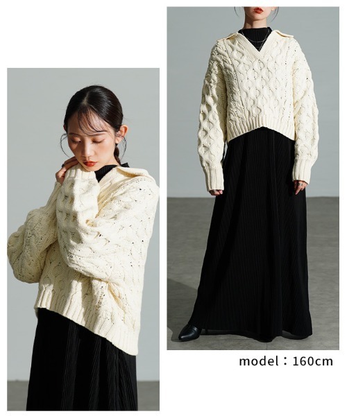 Sawa a la mode(サワアラモード)の「ケーブル編みスキッパーニットセーター(ニット/セーター・レディース・チャコールグレー/アイボリー/レッド・FREE)」の15枚目の写真