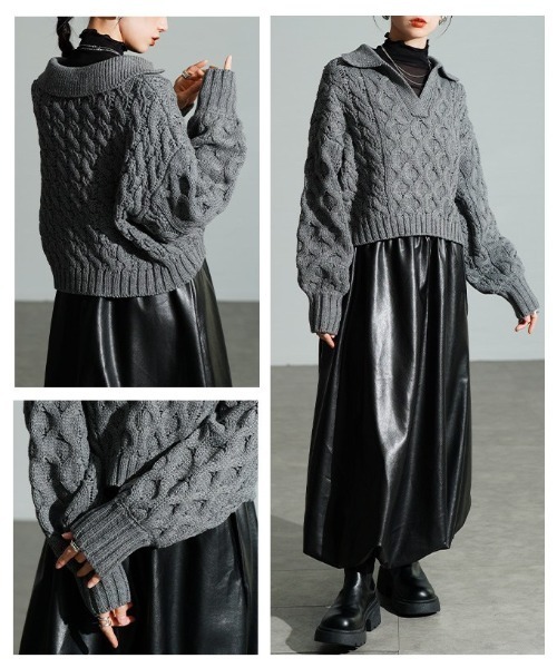Sawa a la mode(サワアラモード)の「ケーブル編みスキッパーニットセーター(ニット/セーター・レディース・チャコールグレー/アイボリー/レッド・FREE)」の20枚目の写真