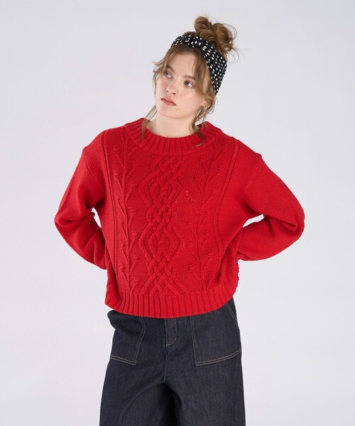 To b. by agnes b.（トゥービーバイアニエスベー）の「ウールアクリルケーブルプルオーバー（ニット/セーター・レディース・レッド・FREE）」の3枚目の写真