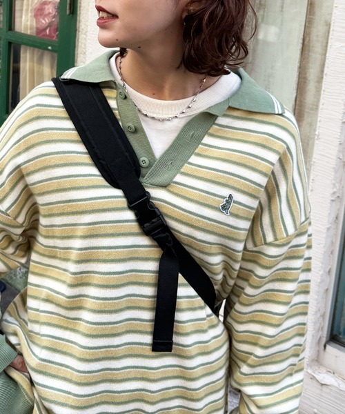 DOUBLE NAME（ダブルネーム）の「【m:rex】ミニ恐竜ワッペンレトロボーダーポロニット（ニット/セーター・レディース・ブルー/カーキ/ブラック・FREE）」の5枚目の写真