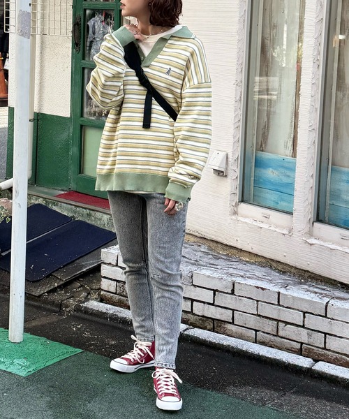 DOUBLE NAME（ダブルネーム）の「【m:rex】ミニ恐竜ワッペンレトロボーダーポロニット（ニット/セーター・レディース・ブルー/カーキ/ブラック・FREE）」の6枚目の写真