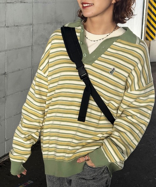 DOUBLE NAME（ダブルネーム）の「【m:rex】ミニ恐竜ワッペンレトロボーダーポロニット（ニット/セーター・レディース・ブルー/カーキ/ブラック・FREE）」の7枚目の写真