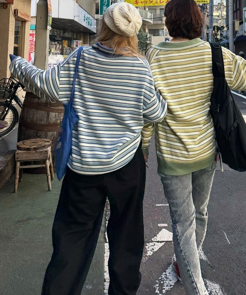 DOUBLE NAME（ダブルネーム）の「【m:rex】ミニ恐竜ワッペンレトロボーダーポロニット（ニット/セーター・レディース・ブルー/カーキ/ブラック・FREE）」の9枚目の写真