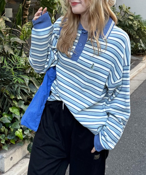 DOUBLE NAME（ダブルネーム）の「【m:rex】ミニ恐竜ワッペンレトロボーダーポロニット（ニット/セーター・レディース・ブルー/カーキ/ブラック・FREE）」の11枚目の写真