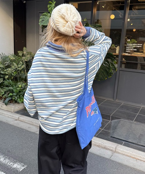 DOUBLE NAME（ダブルネーム）の「【m:rex】ミニ恐竜ワッペンレトロボーダーポロニット（ニット/セーター・レディース・ブルー/カーキ/ブラック・FREE）」の14枚目の写真