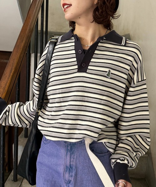 DOUBLE NAME（ダブルネーム）の「【m:rex】ミニ恐竜ワッペンレトロボーダーポロニット（ニット/セーター・レディース・ブルー/カーキ/ブラック・FREE）」の16枚目の写真