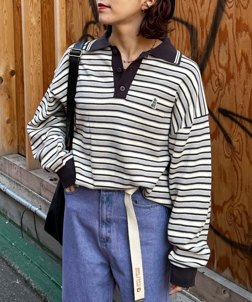 DOUBLE NAME（ダブルネーム）の「【m:rex】ミニ恐竜ワッペンレトロボーダーポロニット（ニット/セーター・レディース・ブルー/カーキ/ブラック・FREE）」の18枚目の写真