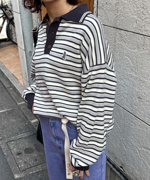 DOUBLE NAME（ダブルネーム）の「【m:rex】ミニ恐竜ワッペンレトロボーダーポロニット（ニット/セーター・レディース・ブルー/カーキ/ブラック・FREE）」の20枚目の写真