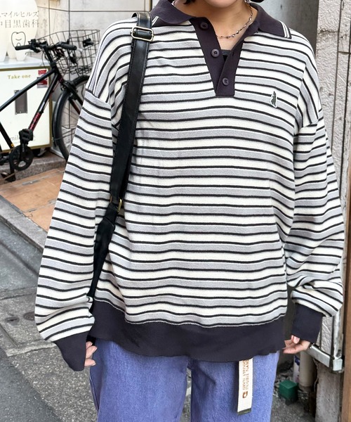 DOUBLE NAME（ダブルネーム）の「【m:rex】ミニ恐竜ワッペンレトロボーダーポロニット（ニット/セーター・レディース・ブルー/カーキ/ブラック・FREE）」の21枚目の写真