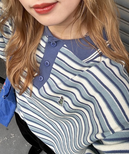 DOUBLE NAME（ダブルネーム）の「【m:rex】ミニ恐竜ワッペンレトロボーダーポロニット（ニット/セーター・レディース・ブルー/カーキ/ブラック・FREE）」の22枚目の写真