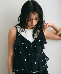 シアー楊柳ヘムフリル刺繍オーバーキャミ