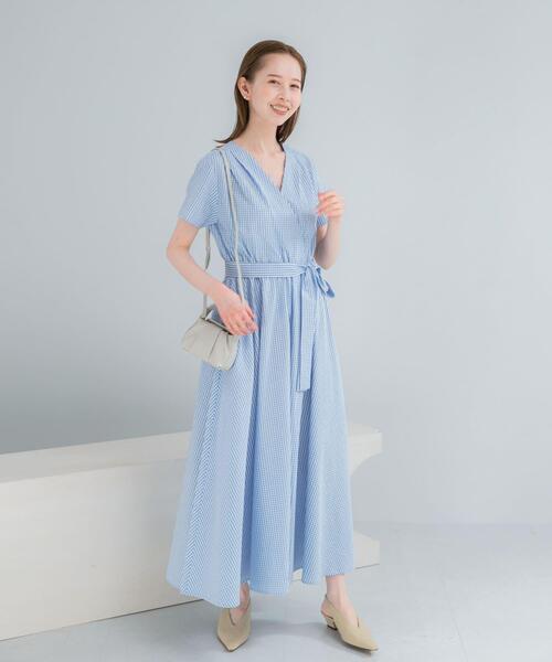 URBAN RESEARCH ROSSO WOMEN(アーバンリサーチ ロッソ)の「『WEB/一部店舗限定』チェックカシュクールワンピース(ワンピース・レディース・ブラック/ブラウン系その他/ブルー系その他・FREE)」の4枚目の写真