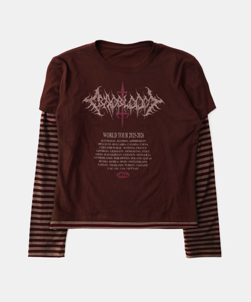 BADBLOOD(バッドブラッド)の「2025 ワールドツアーレイヤードロングスリーブ - バーガンディ/ストライプ(Tシャツ/カットソー・レディース・その他・M/L/S)」の1枚目の写真